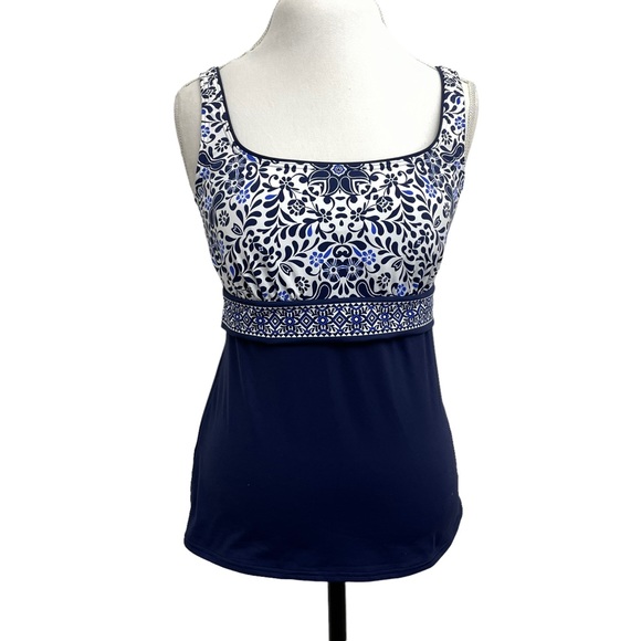 Lands' End Other - Lands End Tankini Swim Top 12 Underwire Padded Bra Blue Print Square Neck